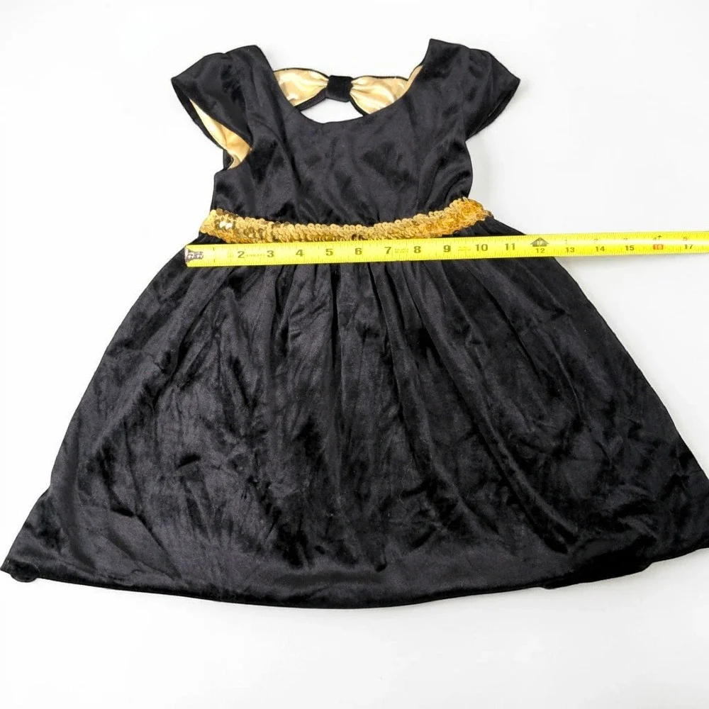 George Girls Velvet Sequin Party Dress Black Gold Bow Back XS 4-5‎ Excellent